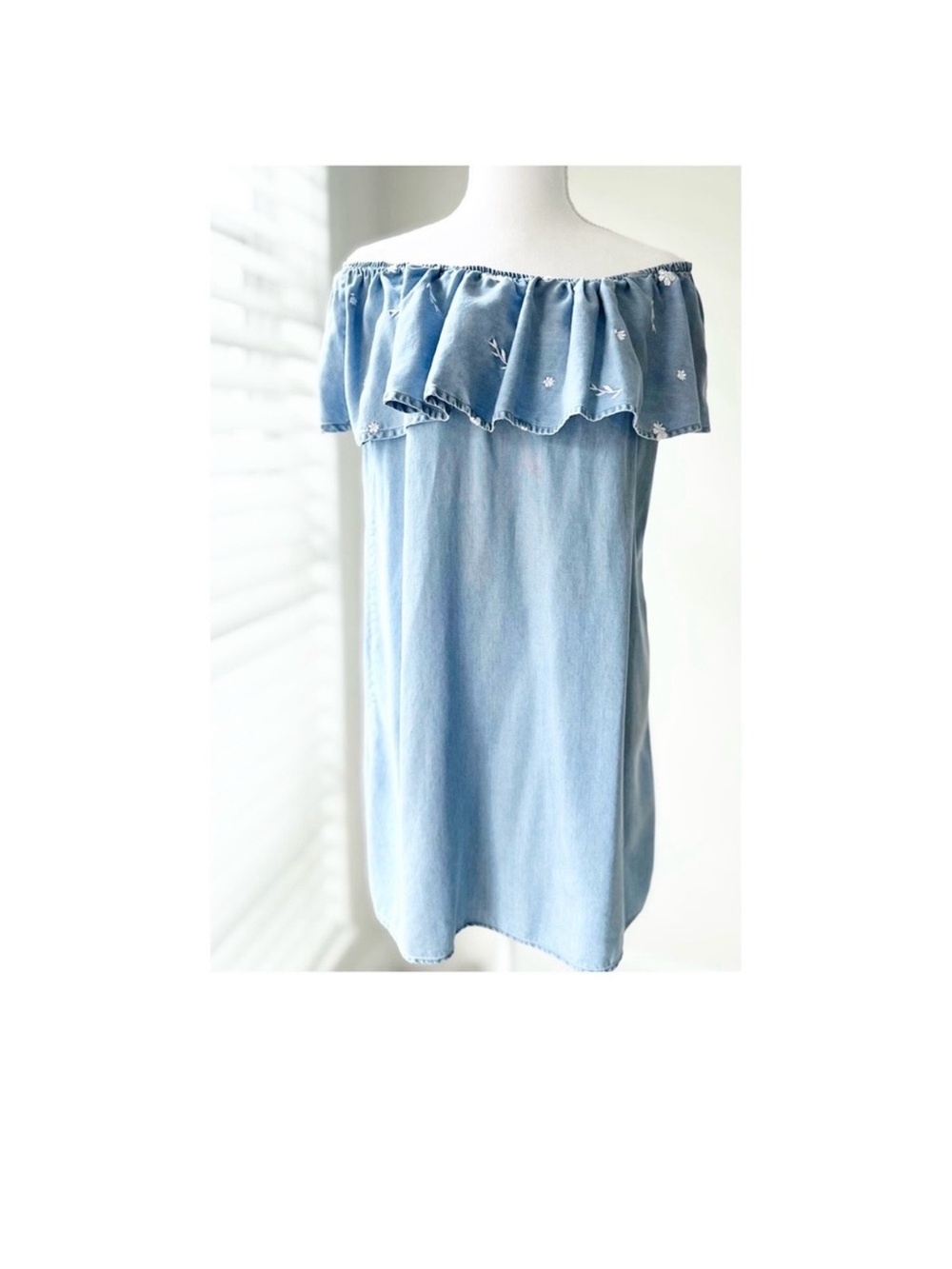 Simons Light Blue Off-Shoulder Ruffle Tunic